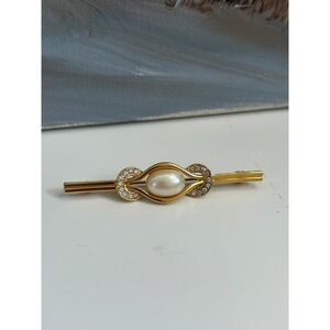 Monet Vintage Gold Tone Faux Pearl Rhinestone Bar Brooch Pin Scroll Design